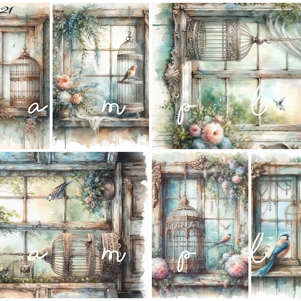 Decoupage Rice Paper, A4 021 Shabby Chic Vintage Birdcage in a Window Decoupage Paper, Decorative Image, Decoupage Designs, Paper Crafts