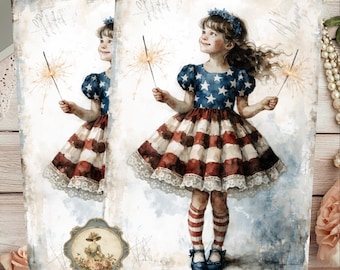 Vintage Patriotic 4th of July Girl American Flag Decoupage Rice Paper A4 Size