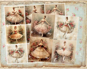 Shabby Chic Christmas Vintage Ballerina Decoupage Rice Paper A4 Size Set of 2