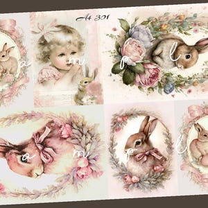 Decoupage Rice Paper, A4 301 Shabby Chic Vintage Pink Waster Bunnies Roses Decoupage Paper, Decorative Image, Decoupage Designs Paper Crafts