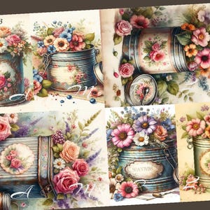 NEW! Decoupage Rice Paper, A4 513 Shabby Chic Vintage Cans with flowers Decoupage Paper, Decorative Image, Decoupage Designs, Paper Crafts
