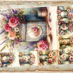 NEW! Decoupage Rice Paper, A4 512 Shabby Chic Vintage Cans with flowers Decoupage Paper, Decorative Image, Decoupage Designs, Paper Crafts