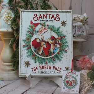 Vintage Retro 50's Christmas Country Cottage Style Sign: Santa's Workshop Artist Wooden Canvas