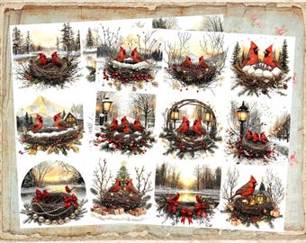 Vintage Christmas Cardinal Wreath Decoupage Rice Paper A4 Size Set of 2