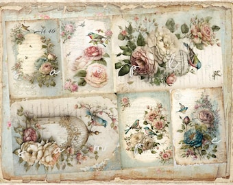 Shabby Chic Vintage Birds and Roses Decoupage Rice Paper A4 Size