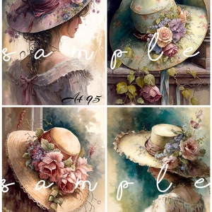 Decoupage Rice Paper, A4 95 Shabby Chic Vintage Women Portrait Hats Floral Decoupage Paper, Decorative Image, Decoupage Designs Paper Crafts