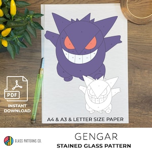 Patrón de vidrieras Gengar / DESCARGA DIGITAL / Pokemon/ Principiante / pdf / A4 / A3 / Carta / 2 tamaños / Decoración de vidrio