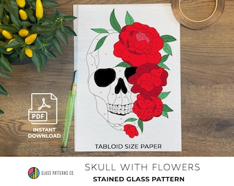 Skull with Flowers | Stained Glass | DIGITAL DOWNLOAD | PDF | Tabloid | diy | Home Decor