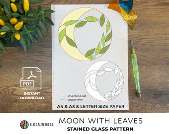 Crescent Moon with Leaves Stained Glass Pattern (Digital Download)