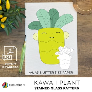 Vitral com padrão de planta Kawaii | DOWNLOAD DIGITAL | PDF | A4 | A3 | Tamanho da letra | Bonito | Suculenta