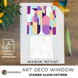 May include: A stained glass pattern titled "Art Deco Window" with a colorful geometric design. The pattern is 19.7" x 19.7" (50 x 50 cm). Includes a PDF icon and the words "Instant Download". A glass cutter and glass pieces are also visible.