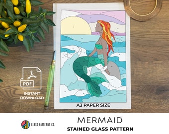 Mermaid Stained Glass Pattern | Siren | Water Nymph | Suncatcher | Home Decor | Sea Landscape | Ocean |