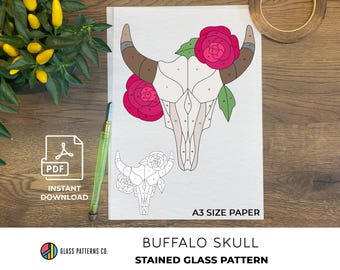 Büffelschädel mit Blumen | Glasmalerei | DIGITALER DOWNLOAD | PDF | DIN A3 | basteln | Wohndekor