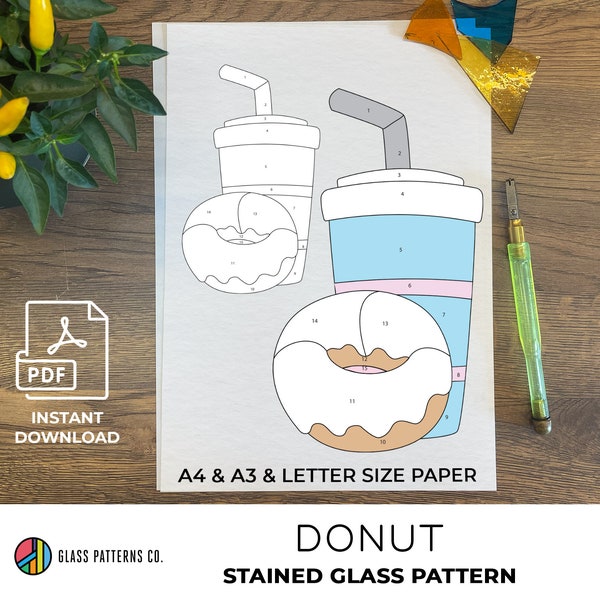 Donut Stained Glass Pattern | DIGITAL DOWNLOAD | Fast Food| Beginner | pdf | A4 | A3 | Letter | 2 sizes | Glass decor