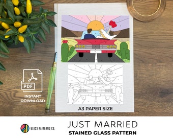 Just Married Stained Glass Pattern | Instant DOWNLOAD | Wedding Design | Glass decor