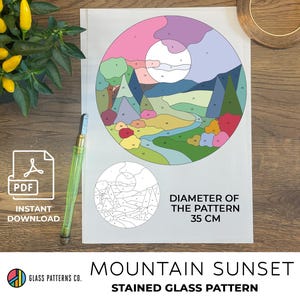 Mountain Sunset Stained Glass Pattern | Digital PDF | Nature Landscape Circle Design | Glass decor