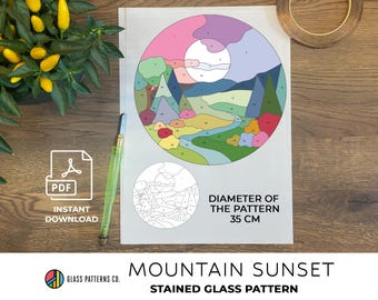 Mountain Sunset Stained Glass Pattern | Digital PDF | Nature Landscape Circle Design | Glass decor