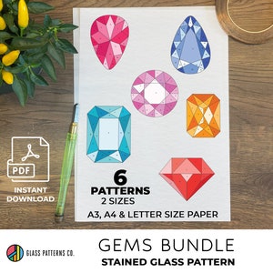Paquete de gemas Vidrieras / 6 patrones incluidos / DESCARGA DIGITAL / Principiante / PDF / / A4 / A3 / Carta / 2 tamaños