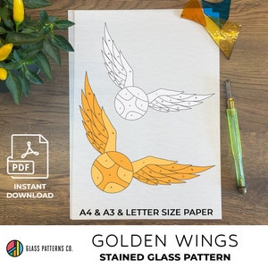 Patrón de vidrieras Golden Wings / DESCARGA DIGITAL / Principiante / pdf / A4 / A3 / Carta / 2 tamaños / Decoración de vidrio