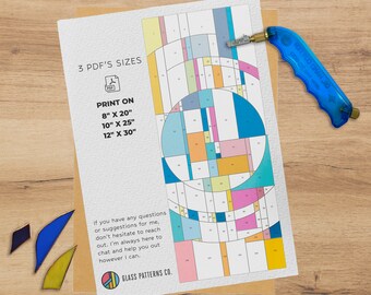May include: A printable stained glass pattern featuring a colorful geometric design with circles and squares. The pattern is available in three sizes: 8 inches by 20 inches, 10 inches by 25 inches, and 12 inches by 30 inches. The text "3 PDF'S SIZES" and "PRINT ON" is included in the image.
