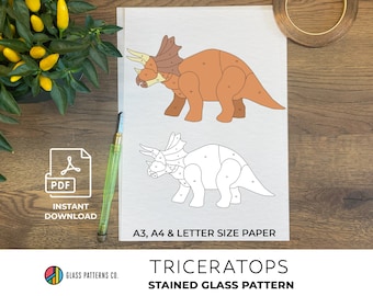 Triceratops Stained Glass Pattern: Dinosaur Printable (Digital Download)