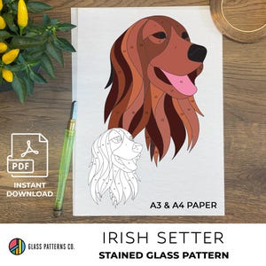 May include: A stained glass pattern of an Irish Setter dog with numbered sections for coloring. The pattern is printed on white paper with the text "A3 & A4 PAPER" and "IRISH SETTER STAINED GLASS PATTERN".