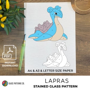 Patrón de vidrieras Lapras / DESCARGA DIGITAL / Pokemon / Principiante / pdf / A4 / A3 / Carta / 2 tamaños / Decoración de vidrio