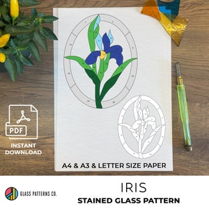 Patrón IRIS / Vidrieras / DESCARGA Instantánea / Diseño de Flores / pdf / A4 / A3 / Carta / 2 tamaños / Decoración de vidrio