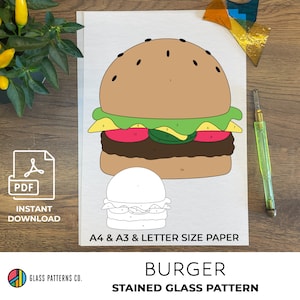 Patrón de vidrieras de hamburguesa / DESCARGA DIGITAL / Comida rápida / Principiante / pdf / A4 / A3 / Carta / 2 tamaños / Decoración de vidrio