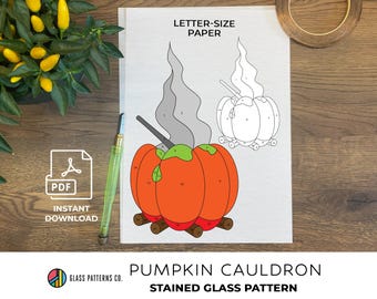 Halloween Pumpkin Cauldron Stained Glass Pattern | Digital Download for DIY Home Decor Projects