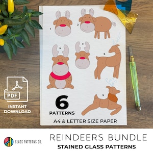 Christmas Reindeer Stained Glass Patterns | DIGITAL DOWNLOAD | Beginner | 6 patterns included | A4 | Letter