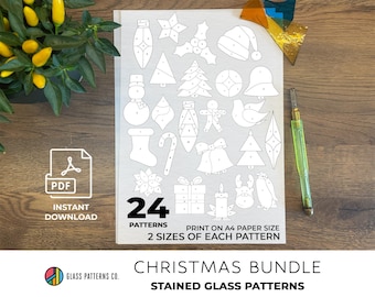 Christmas Ornaments Stained Glass Patterns: 24 A4 PDF Templates (Digital Download)