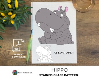 Hippo Stained Glass Pattern | Animal Design | Hippopotamus Suncatcher | Baby Hippo