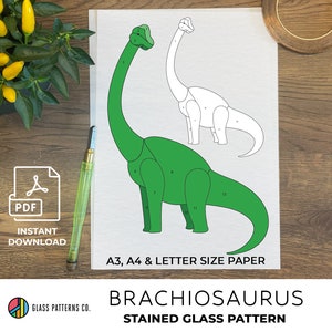Dinosaur Pattern Stained Glass | DIGITAL DOWNLOAD |  Brachiosaurus | Beginner | Dino | pdf | Glass decor