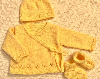 Baby Unisex Knitted Layette, 0-2 months, Wrap style jumper, beanie, bootees, made in Soft 100% baby wool- Bendigo Woollen Mills