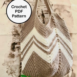 May include: Crochet PDF Pattern for a brown and white chevron tote bag.