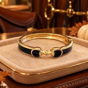 Black Enamel Horse Bit Bangle, Gold Equestrian Jewelry, Snaffle Bit Bracelet