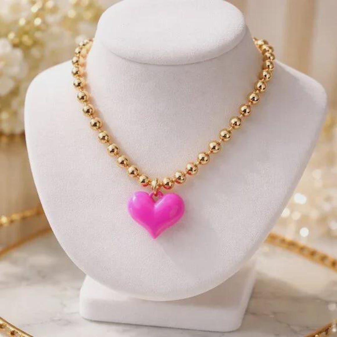 Gold Tone Ball Chain Necklace With Bright Pink Puffy Heart Pendant - Etsy
