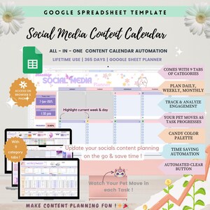 Social Media Content Calendar – Google Sheets Planner for Instagram & TikTok and more, for social media manager, for content creator