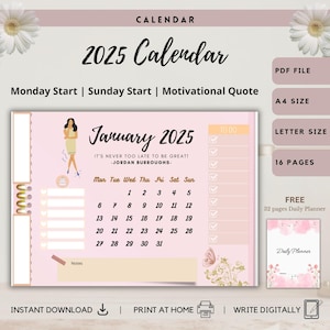 CALENDARIO 2025 / Planificador mensual / Cita motivacional / Planificador diario gratuito / Tamaño carta / Tamaño A4 / Imprimible / Digital / Horizontal / Alegre