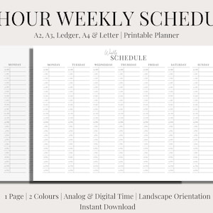 May include: A printable weekly schedule planner in black and white. The planner is designed for a 24-hour day and includes columns for Monday through Sunday. The planner is available in A2, A3, Ledger, A4, and Letter sizes.