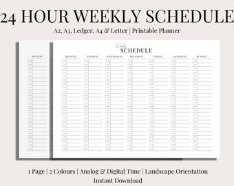 24 Hour Weekly Schedule, Landscape, Printable, 2 Versions, Hourly Planner, Analog Time, Digital Time, Template, Digital, PDF, Undated