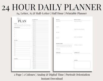 Half Hour 24 Hour Daily Planner, Portrait, Printable, 2 Versions, Analog Time, Digital Time, Planner Inserts, Template, PDF, Undated