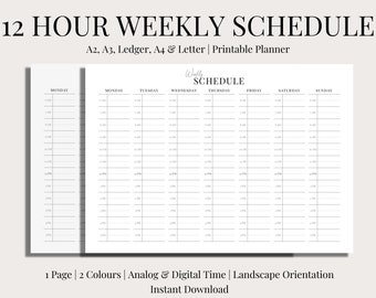 12 Hour Weekly Schedule, Landscape, Printable, 2 Versions, Hourly Planner, Analog Time, Digital Time, Template, Digital, PDF, Undated