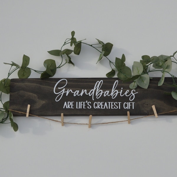 Grandbabies are life's greatest gift personalized photo display sign with twine and mini clothes pins