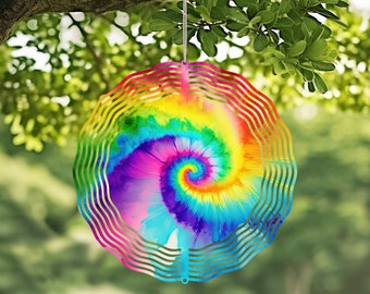Tie Dye Handcrafted Wind Spinner with Crystal Pendant - Outdoor Garden Decor, Unique Kinetic Art