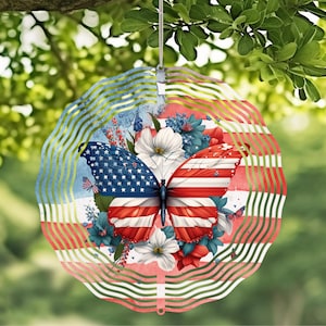 Patriotic butterfly Wind Spinner with Crystal Pendant - Outdoor Garden Decor, Unique Kinetic Art