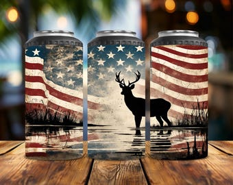 American flag Deer Multi-Use 4-in-1 Can Cooler | Fits Slim Cans, Regular Cans, Bottles & Works as a Tumbler