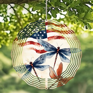 Patriotic Dragonflies Handcrafted Wind Spinner with Crystal Pendant - Outdoor Garden Decor, Unique Kinetic Art
