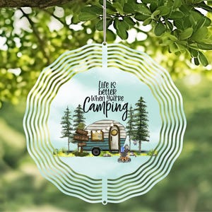 Life is better camping Handcrafted Wind Spinner with Crystal Pendant - Outdoor Garden Decor, Unique Kinetic Art